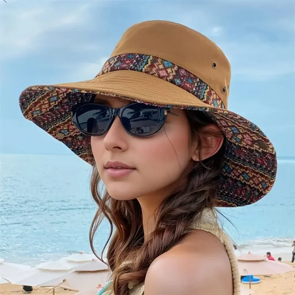 Rodeo Boho Embroider Wide Brim Fisher Hicking Travel 2Way Sunhat - Picture 4 of 6